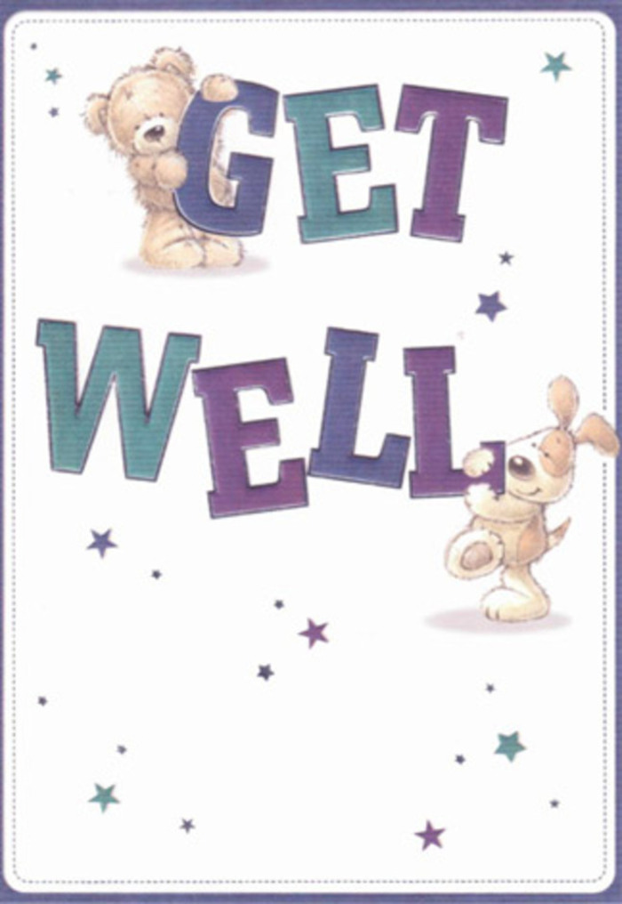 A tender celebration of well-wishing unfolds in this Surrey-themed get well card, where illustrated friendship and hope are beautifully entwined. At its heart, a loveable bear and a lively puppy share centre stage, their expressive eyes and soft, inviting textures conjuring memories of childhood comfort-like returning home after a walk past Bushy Park or along the shaded paths by Farnham Castle. Playful stars, rendered in silvery blues and gentle purples, are scattered across a pristine white space, infusing the card with an airy sense of magic and optimism. The typography stands tall and confident, shaded in rich tones of aqua and amethyst, transforming the phrase 'Get Well' into a jubilant display. The tactile quality of the bear's fur and the velvety look of the puppy's floppy ears draw you in, echoing the touch of a fresh bouquet made by a local Surrey florist with nurturing hands. Every detail-from the generous brushstrokes to the harmonious composition-brings comfort and cheer, ideal for lifting a loved one's spirits while recovering at home or in a nearby hospital. This card is more than just a message; it's a visual touchstone of support and positivity, delicately crafted for the heart of Surrey's community.