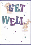 Radiating playful optimism and genuine comfort, this illustrated get well card feels like a gentle Surrey embrace. Against a creamy white backdrop, a cuddly bear and a spirited puppy burst into view, each cradling or balancing the bright, bold letters of 'Get Well', coloured in soft indigos and shimmering teals. Their furry textures are so vivid you can almost imagine the warmth of a hug, much as one might feel when receiving a hand-tied bouquet from a trusted Surrey florist. Stars drift in various shades of blue and purple, sparkling across the card and adding a whimsical sense of hope. The scene is suffused with lightness and heart, easily conjuring the atmosphere of a friendly visit in Walton-on-Thames or the gentle encouragement found in Surrey's close-knit villages. The simple message blossoms into something memorable through expressive details and a palette carefully chosen for comfort and clarity. As the bear and puppy team up to send their get well wish, the card becomes a little celebration of care-perfect for uplifting someone in recovery, and a reminder of the kindness that defines the Surrey community.